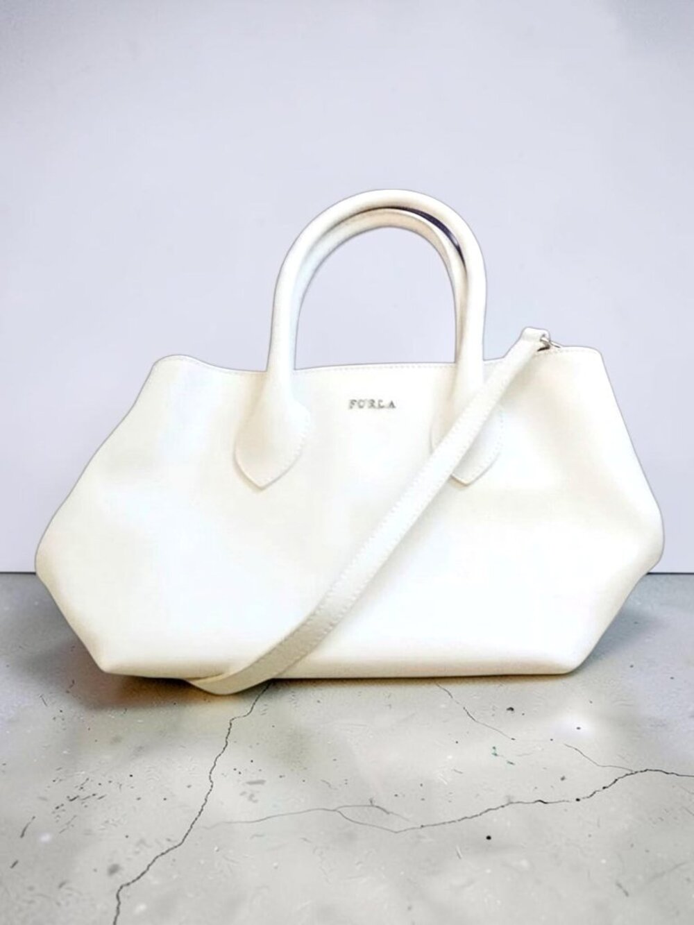 Furla Crossbody Bag Tote Bag White PVC, Strap hangs at 22"-Italy